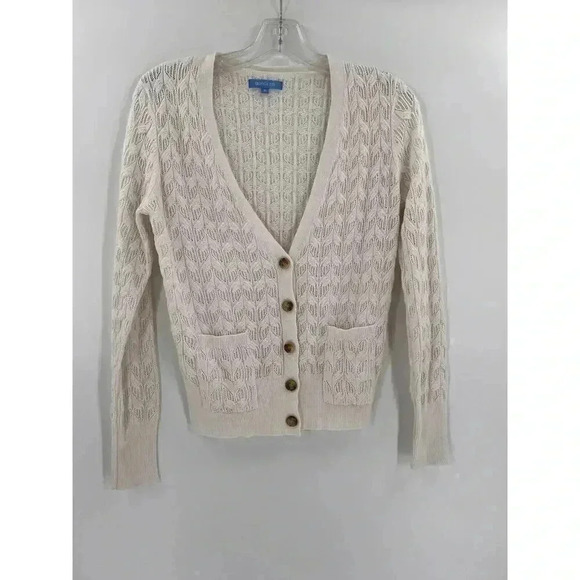 Burgess Cotton Cashmere Ivory Crochet Cardigan Sweater With Pockets Size XSMALL - Picture 2 of 10